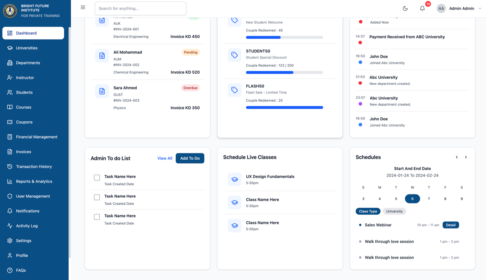 Bright Future admin: schedules and tasks