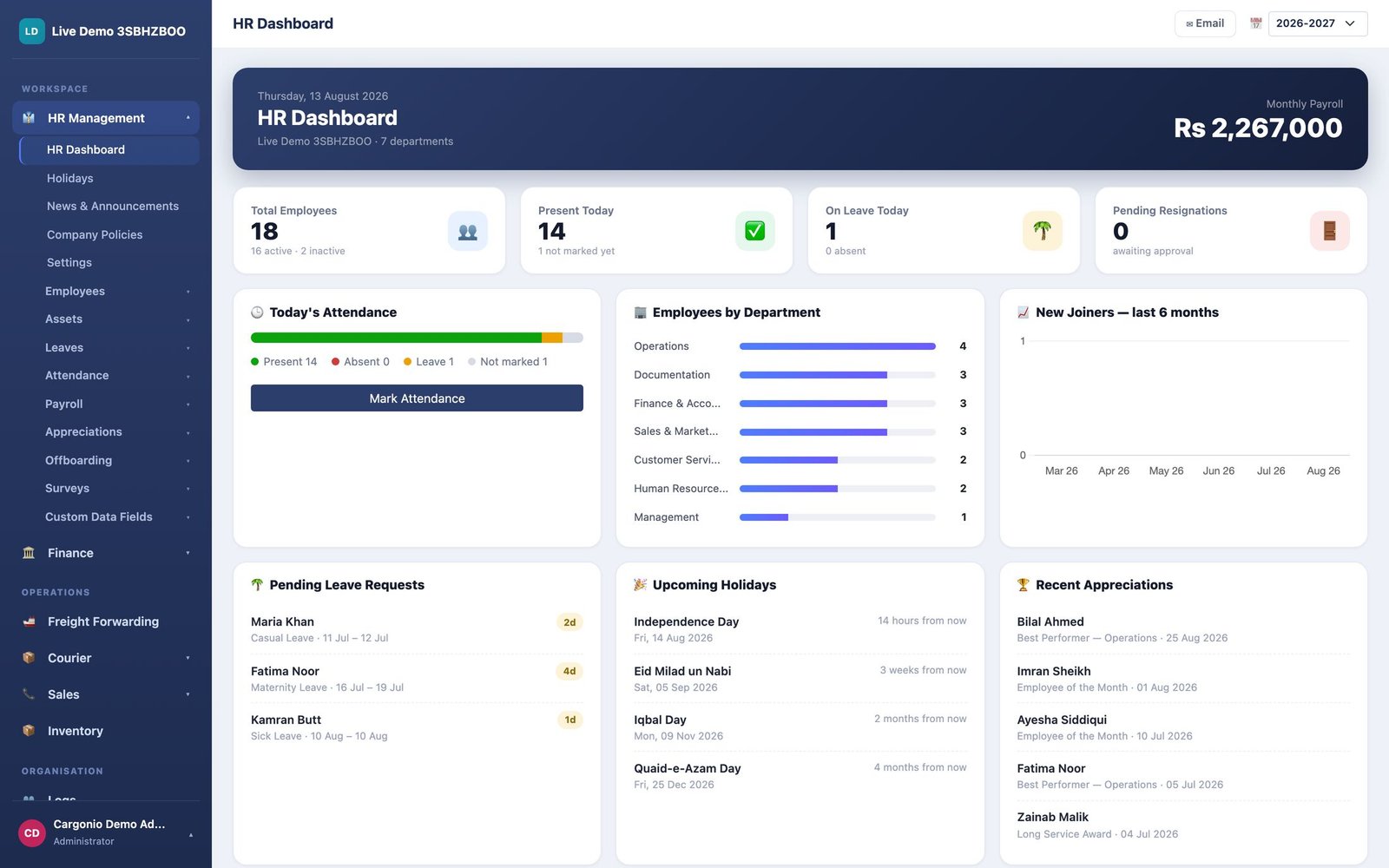 Cargonio HR dashboard: employees, attendance, leave requests, payroll and new joiners