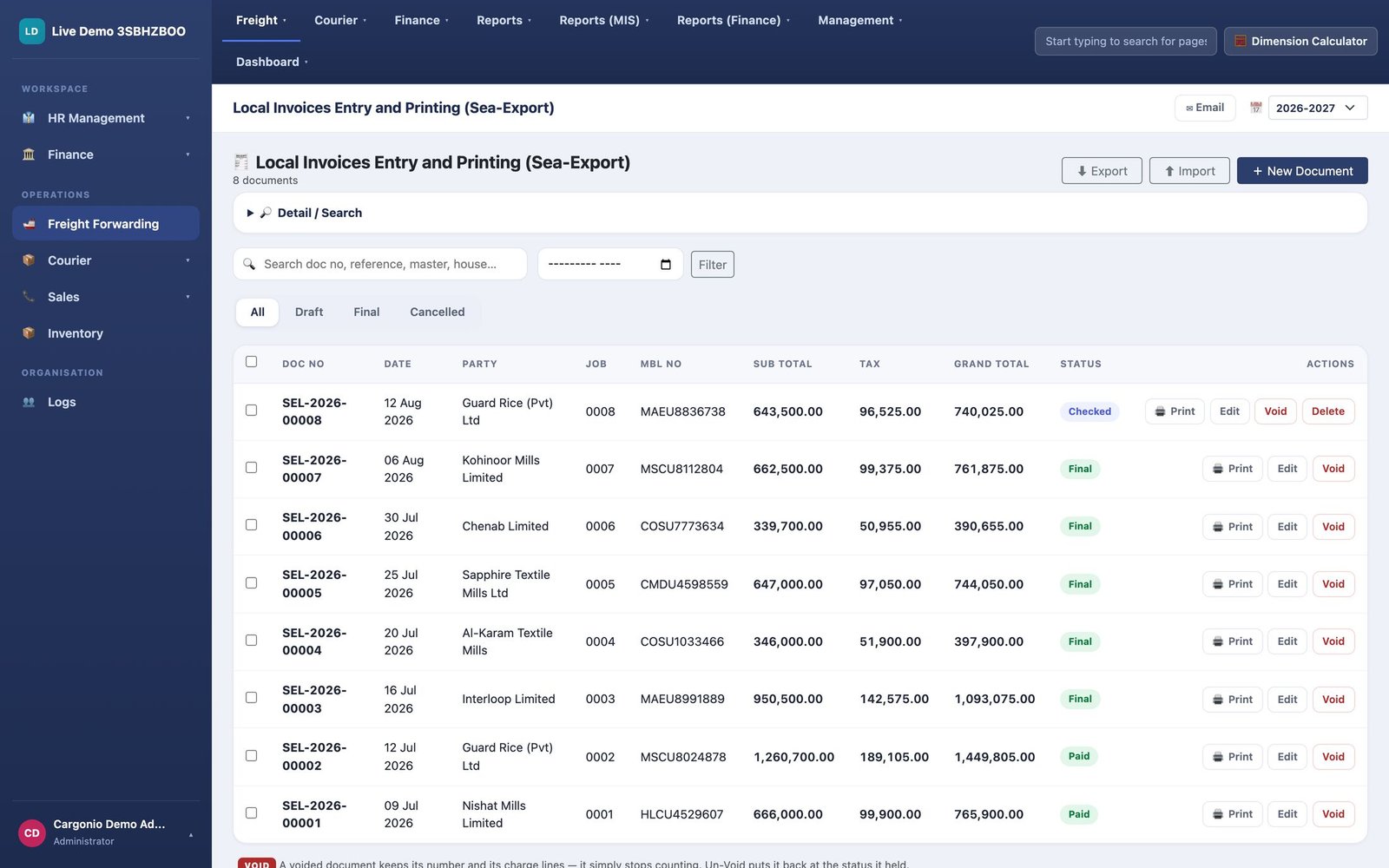 Sea-export invoices in the Cargonio live demo: totals with tax, statuses from draft to paid, ready for PRA e-IMS filing