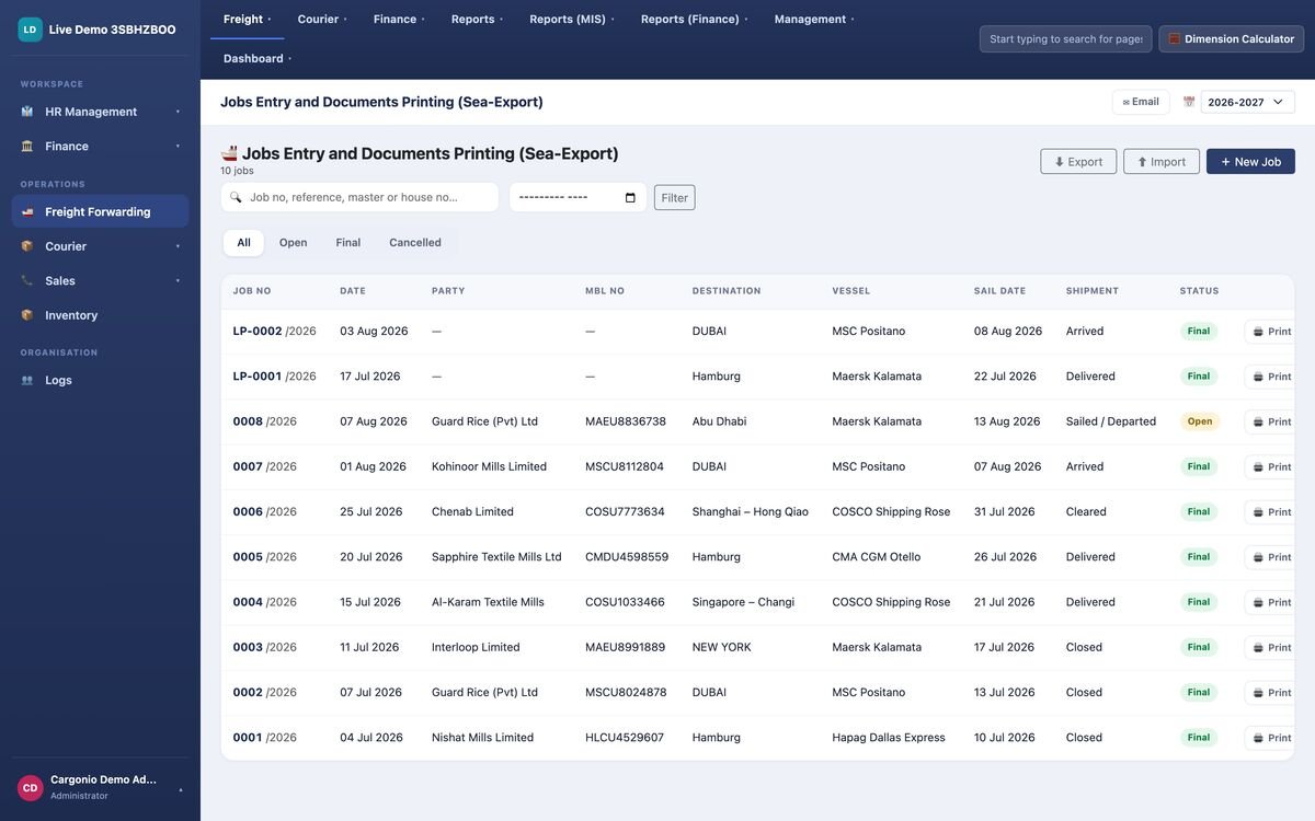 Sea export jobs on Cargonio: parties, vessels, destinations and shipment statuses