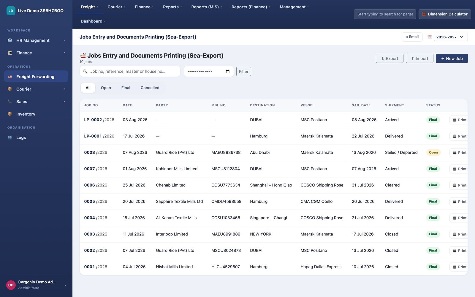 Sea export jobs on Cargonio, shown in the live demo workspace: parties, vessels, destinations, sail dates and statuses
