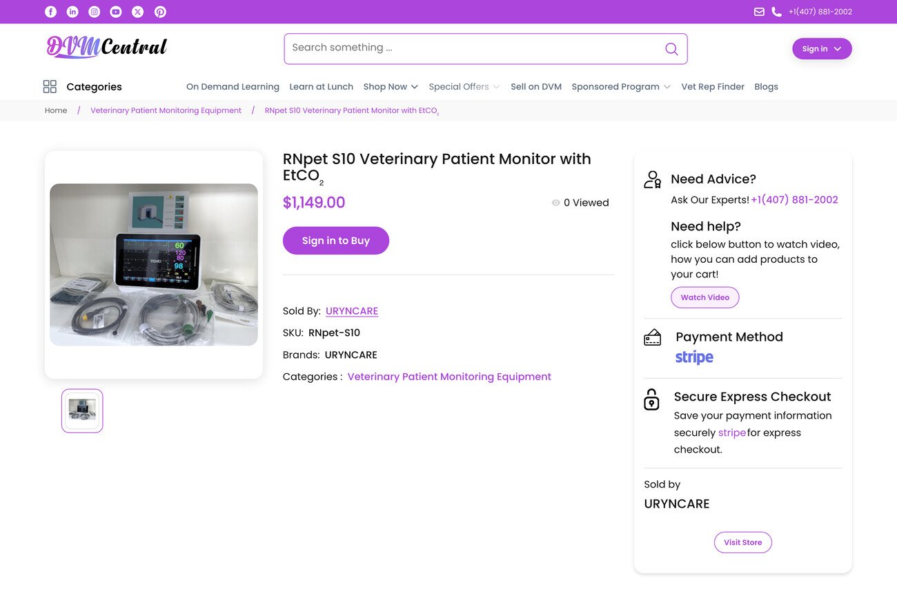 DVM Central product page: pricing, buy action, and Stripe secure checkout