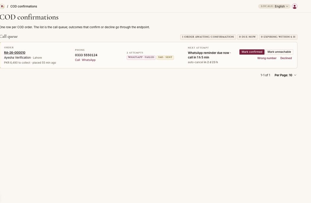 The cash on delivery confirmation queue in the Rang-e-Aahan admin